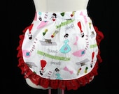 ON SALE White Retro Pinup Girls Novelty Print Cotton Half Apron - SugarKitty Corsets