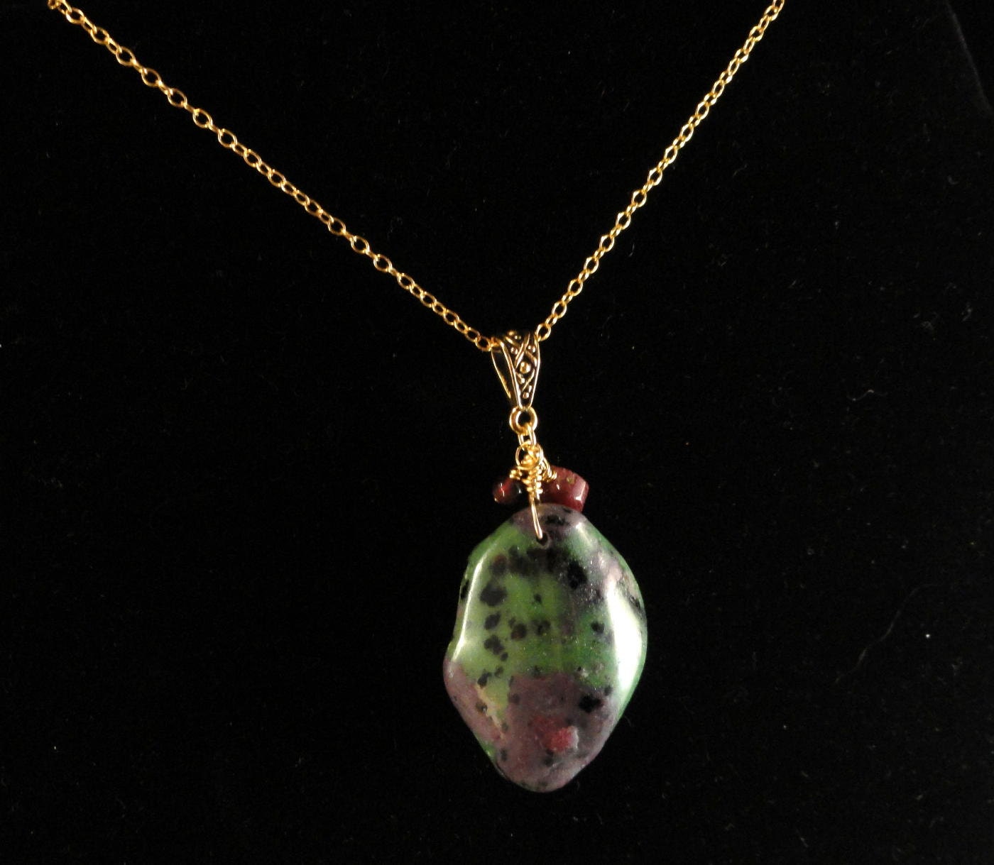 Ruby in Zoisite Stone Pendant, Garnet and Tourmaline Accents, Gold Filled Chain Necklace, Therapeutic Gemstones, Wellness Jewelry