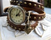 Sale - Nature's Best Wrap Around Brown Studded Leather Wrap Watch - Wrist Watch - Leaf & Bell Charm - Nature/Tree Lovers Watch