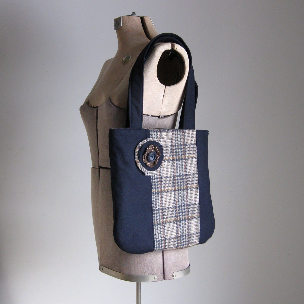 TOTE BAG - vintage wool bag - navy tote bag - lynn minney designs