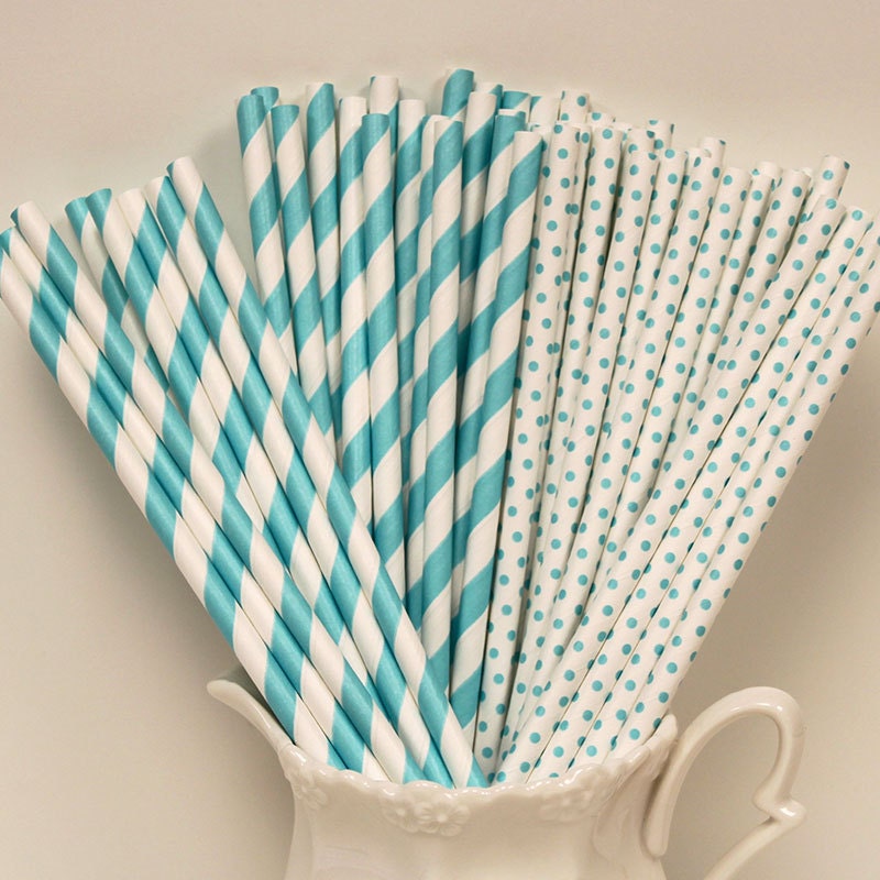 Tiffany Blue Stripes and Dots Paper Straws, 30 Paper Drinking Straws with DIY Flags, Tiffany Blue, Wedding, Party Drinks, Baby Showers
