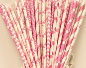 PRETTY IN PINK Party Paper Straws, Bright Soft Pink Paper Straw Mix with Diy Flags, Girl, Princess, Tea Party, Crown Straws, Baby Shower