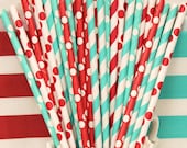 AQUA RED PARTY Paper Straws, 30 Assorted Paper Drinking Straws with Diy Flag, Birthday, Pool, Beach,Polka Dots, and Stripes Mix