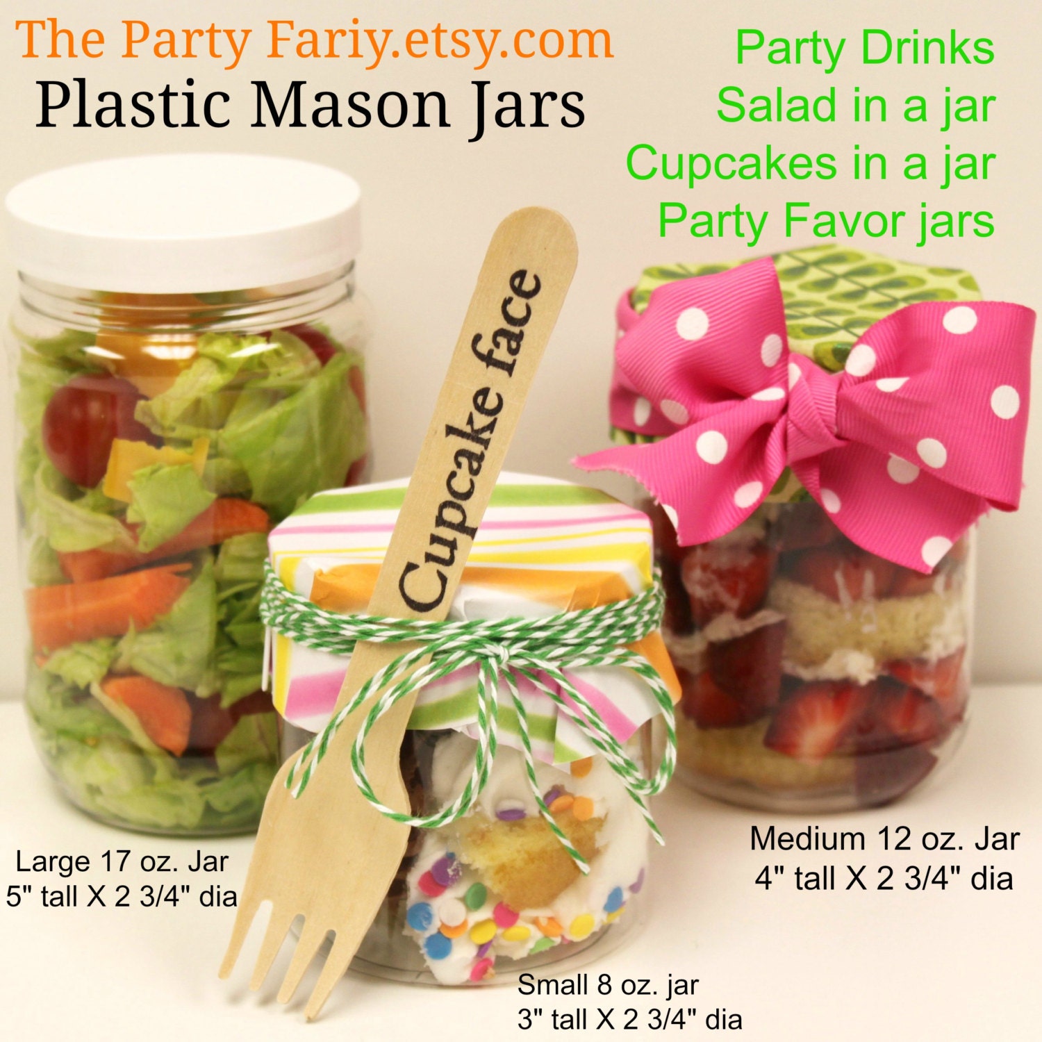 PLASTIC MASON Jar with Daisy Lids, 18 UNBREAKABLE Jars, Beverage Jar, Salads, Cupcakes, Desserts, Party Favors