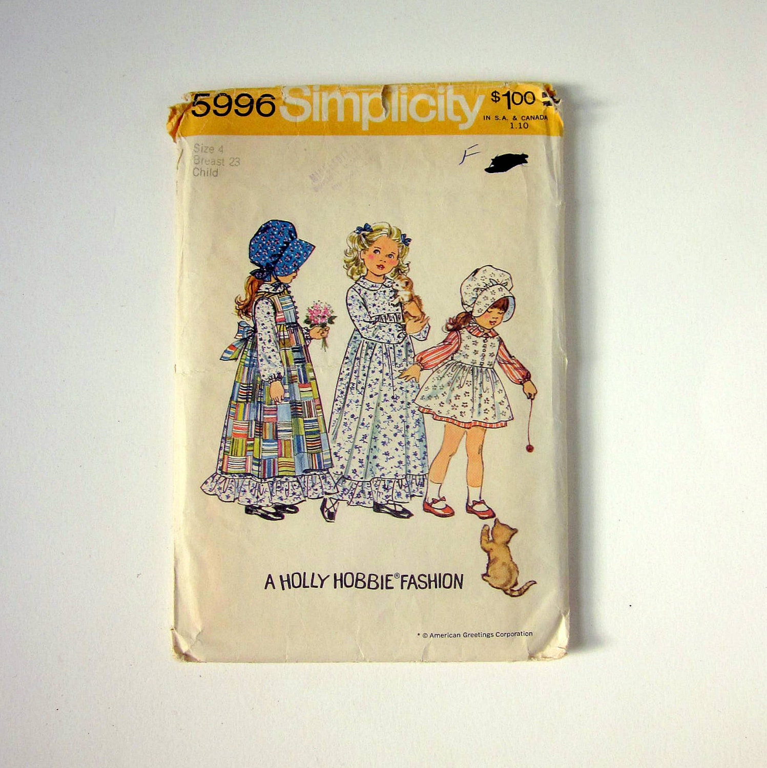 Childs Size 4 Holly Hobbie Dress and Pinafore in Two Lengthsand Bonnet 70s Simplicity Pattern / chest 23 / Complete