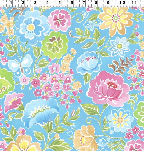 Chinoise CW Fabric Purple Yellow Green Floral Flowers with Butterflies Butterfly on Blue