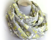 Gray and Chartreuse Butterfly and Dot Infinity Scarf, Flannel Fashion Neckwear