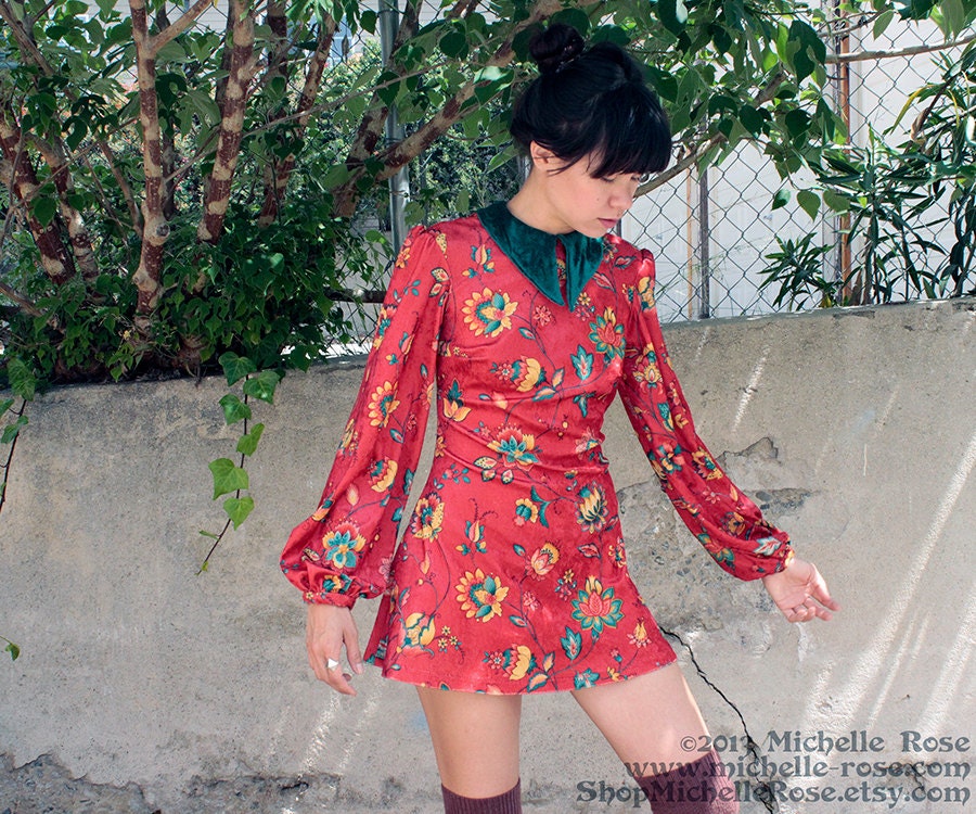 Tomato Dress - Retro Collared Velvet Minidress - Custom Made to Order - Handmade for You - Made to Measure - Sixties Mod Bright Orange Red