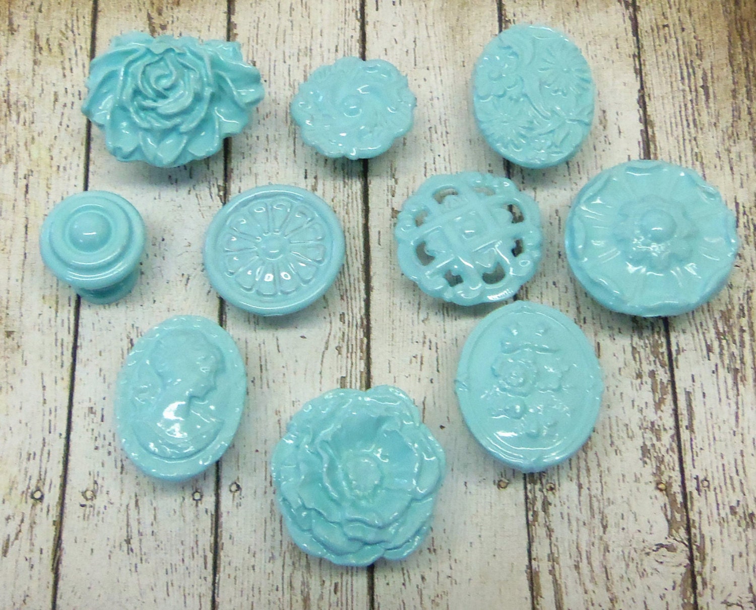 10 Aqua Robins Egg Blue Collection Knobs Vintage and Handmade Flowers Roses Cameo Shabby Cottage Chic