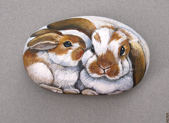 Cute Mother's Day Gift Bunny Baby and Bunny Mother Painted Rock Art Painted Stone 5 in