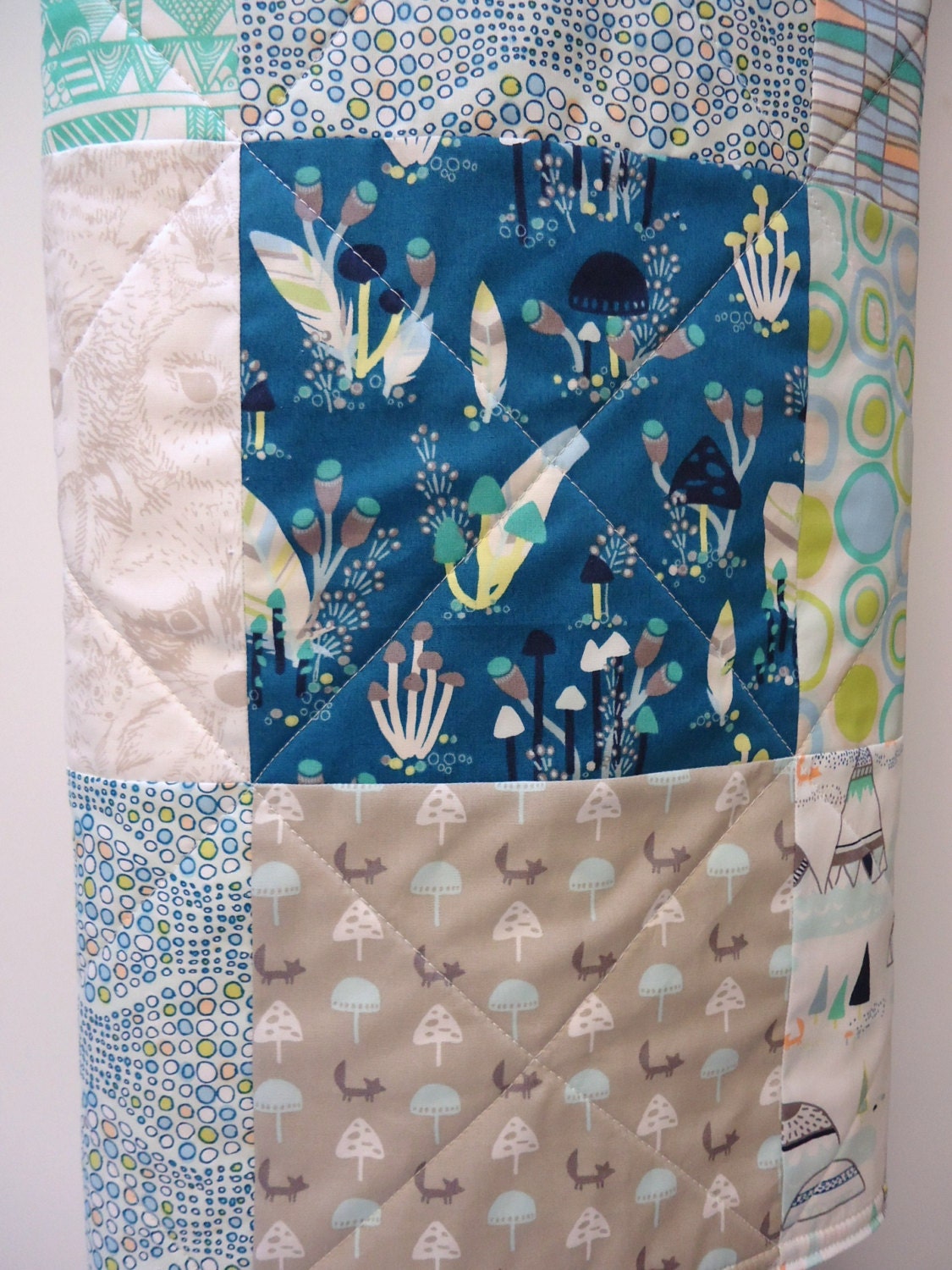 Baby Boy Quilt, Fox, Feathers, Animals, TePee, Indian Summer, Spirit Lake, Art Gallery Fabrics, Blue, Gray Grey Patchwork