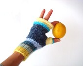 Fingerless gloves, Blue and yellow mittens for women