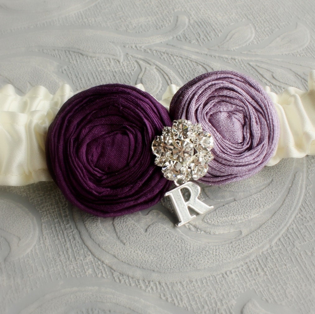 Wedding Garter in Ivory and Purple, Personalized with Silver Initial - the Lucia Bridal Garter (Many Colors Available)