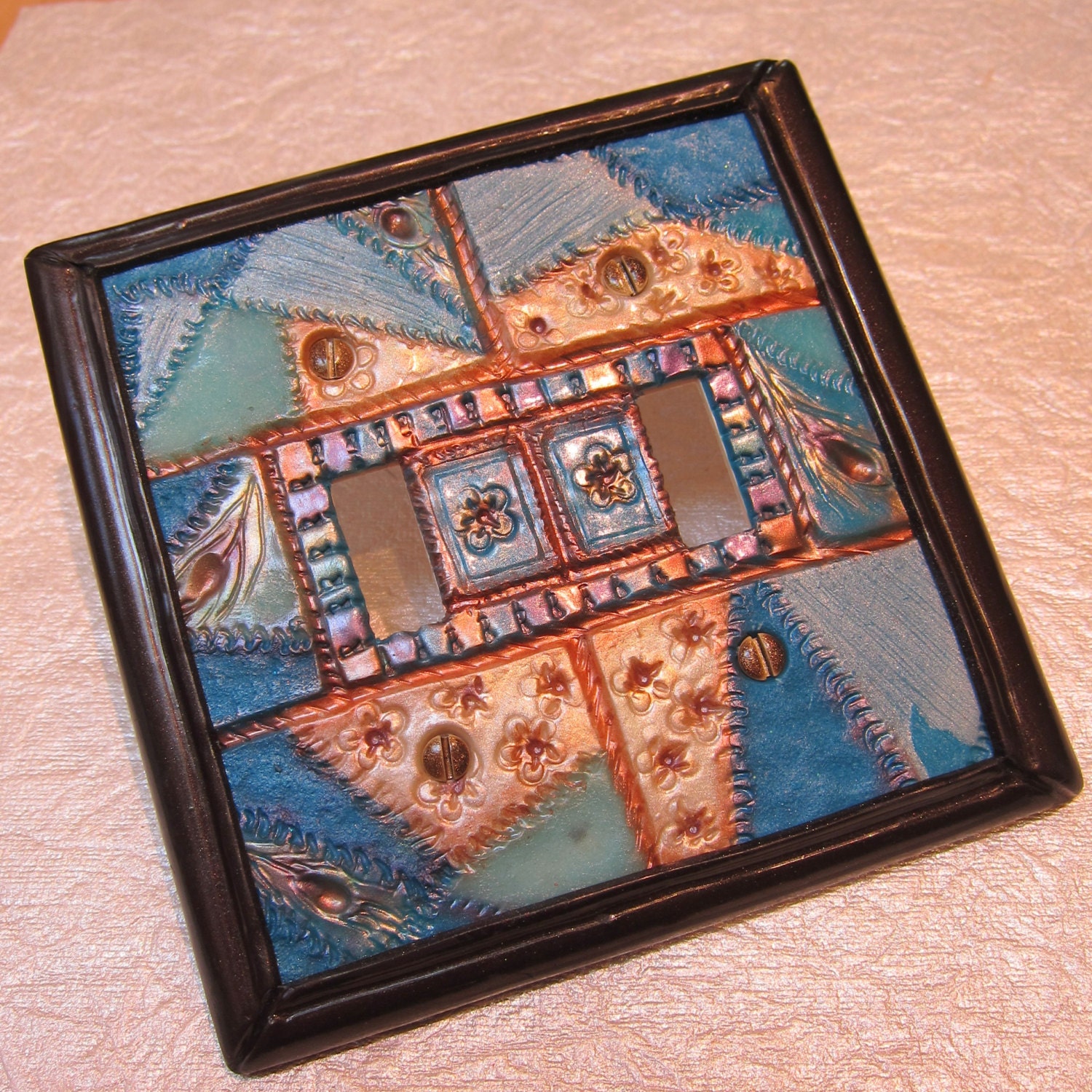 Peacock crazy quilt mosaic switchplate double toggle