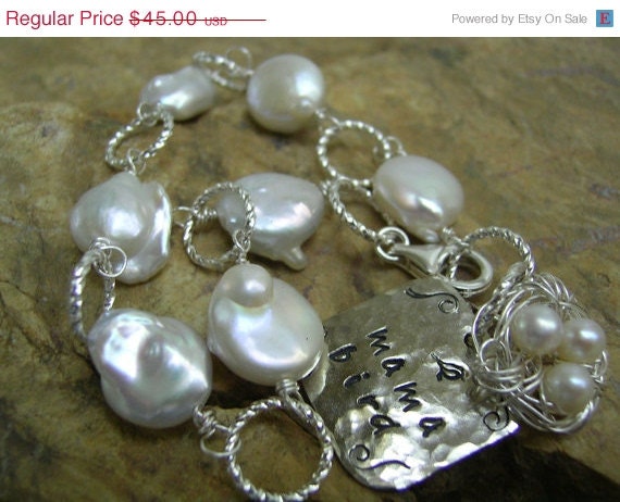 ON SALE Freshwater Coin Pearl Bracelet, Wire Wrapped Birds Nest,  Rustic Pearl, Mom Bracelet, Personalized