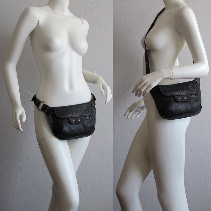 Doble use black hip bag/ purse with red seams, RECYCLED LEATHER