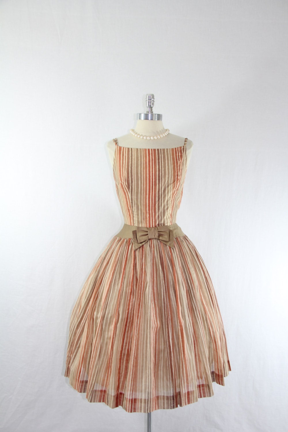 RESERVED.......1950s Vintage Dress - Shades of Brown Stripes Sundress - Cotton Full Skirt Dress