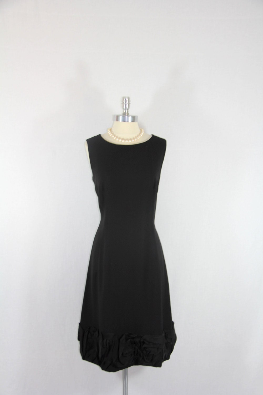 1960s Vintage Dress - Black Sleeveless Crepe with Huge Organdy 3D Rosettes - LBD - Cocktail Party Dress