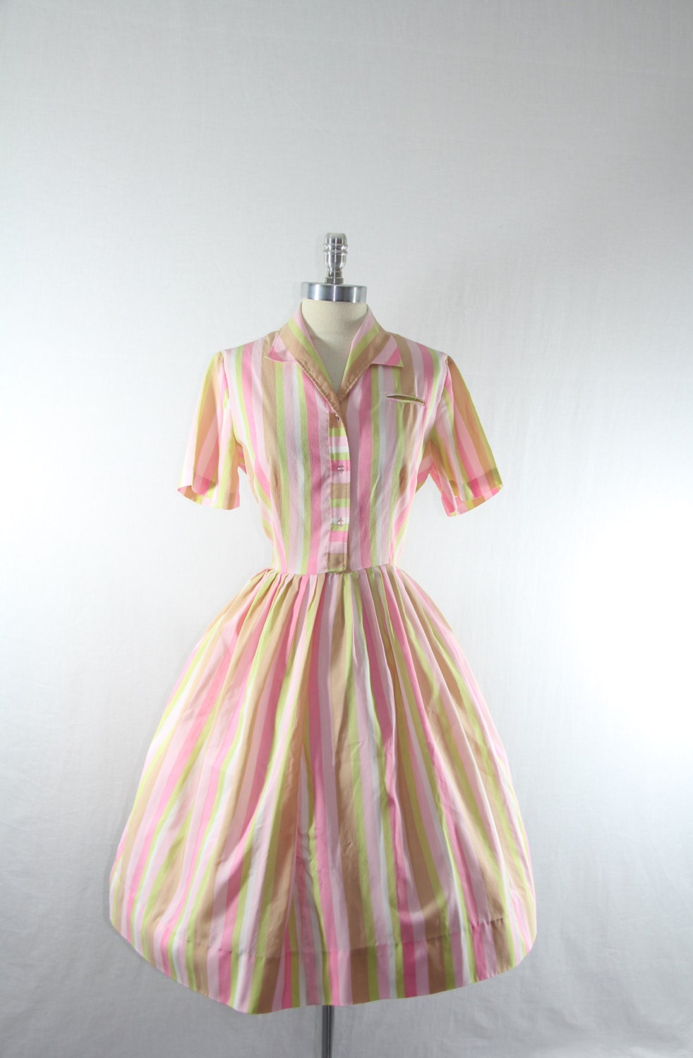 Vintage Dress - 1950's Spring Pink Striped Full Skirt Fun Frock