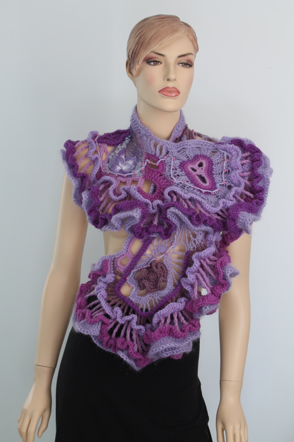 Ruffle Lace Lilac Violet Purple Freeform Crochet Shawl / Wearable Art / OOAK