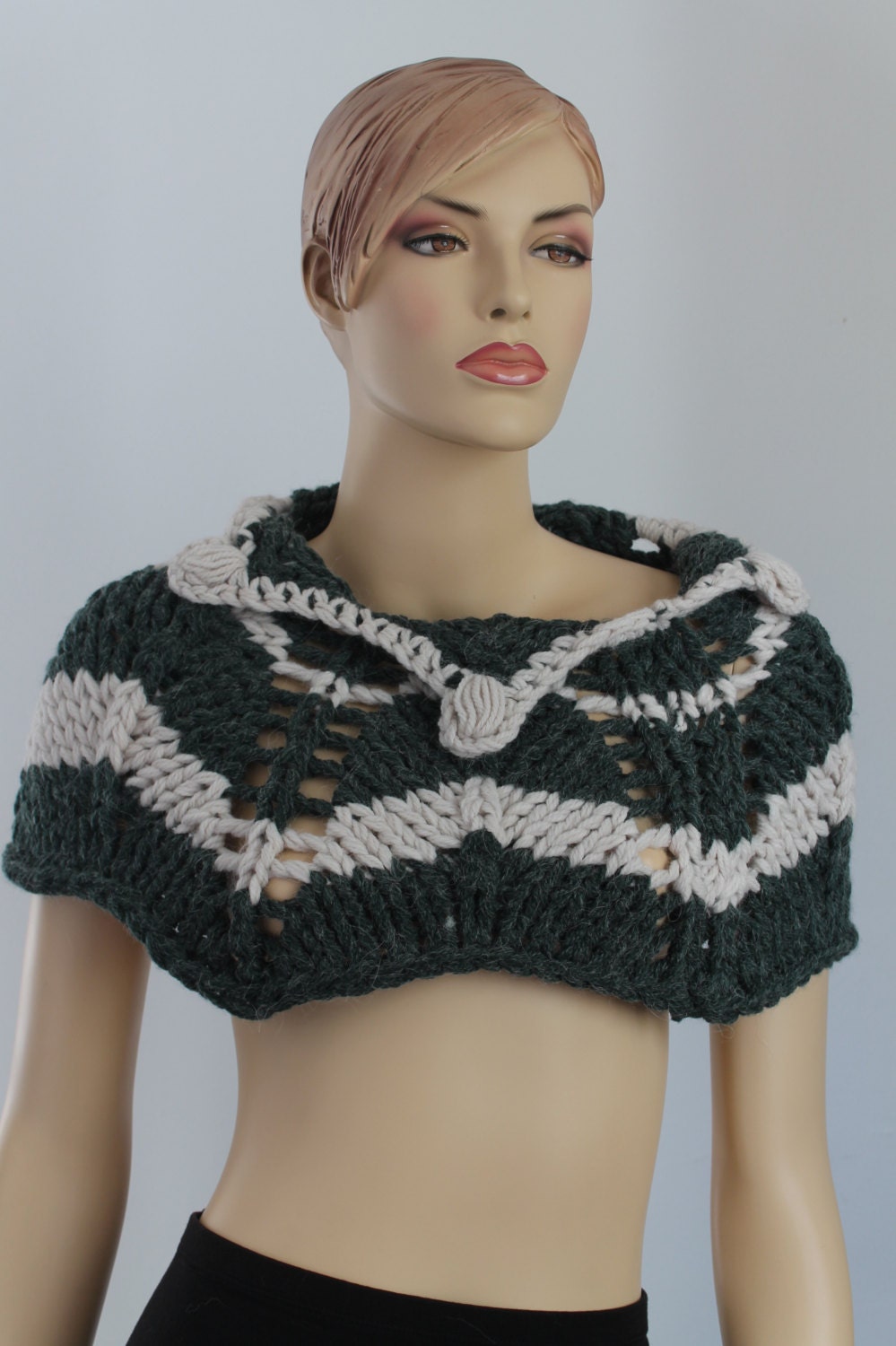 Thick Dark Green and Off  White  Alpaca Cowl Scarf Capelet Neck Warmer