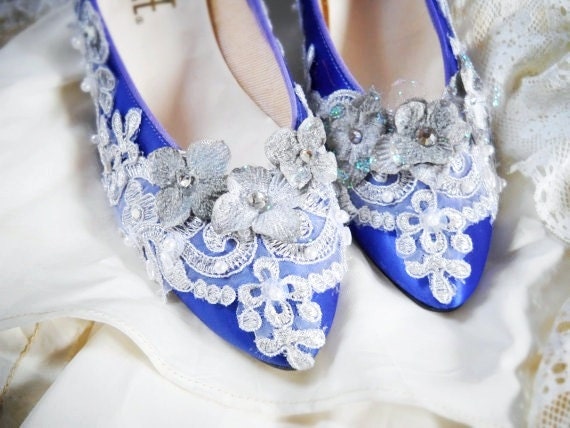 NEW satin royal blue and silver applique and diamond rhinestone marie antoinette shoes size 7.5
