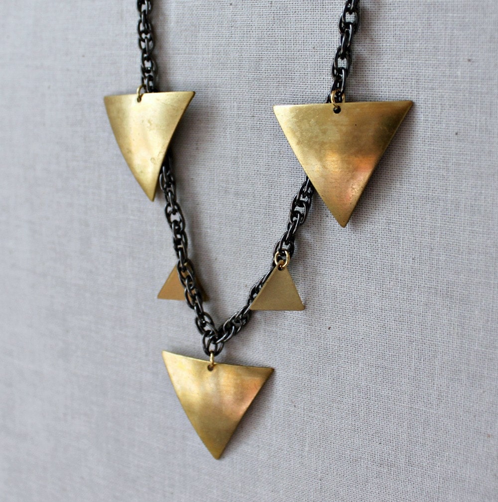 Geometric Bib Necklace Gold Brass Triangles Mixed Metal Jewelry Modern Fashion
