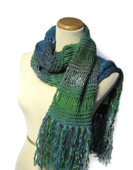 Peacock Hand Knit Scarf - Turquoise Green