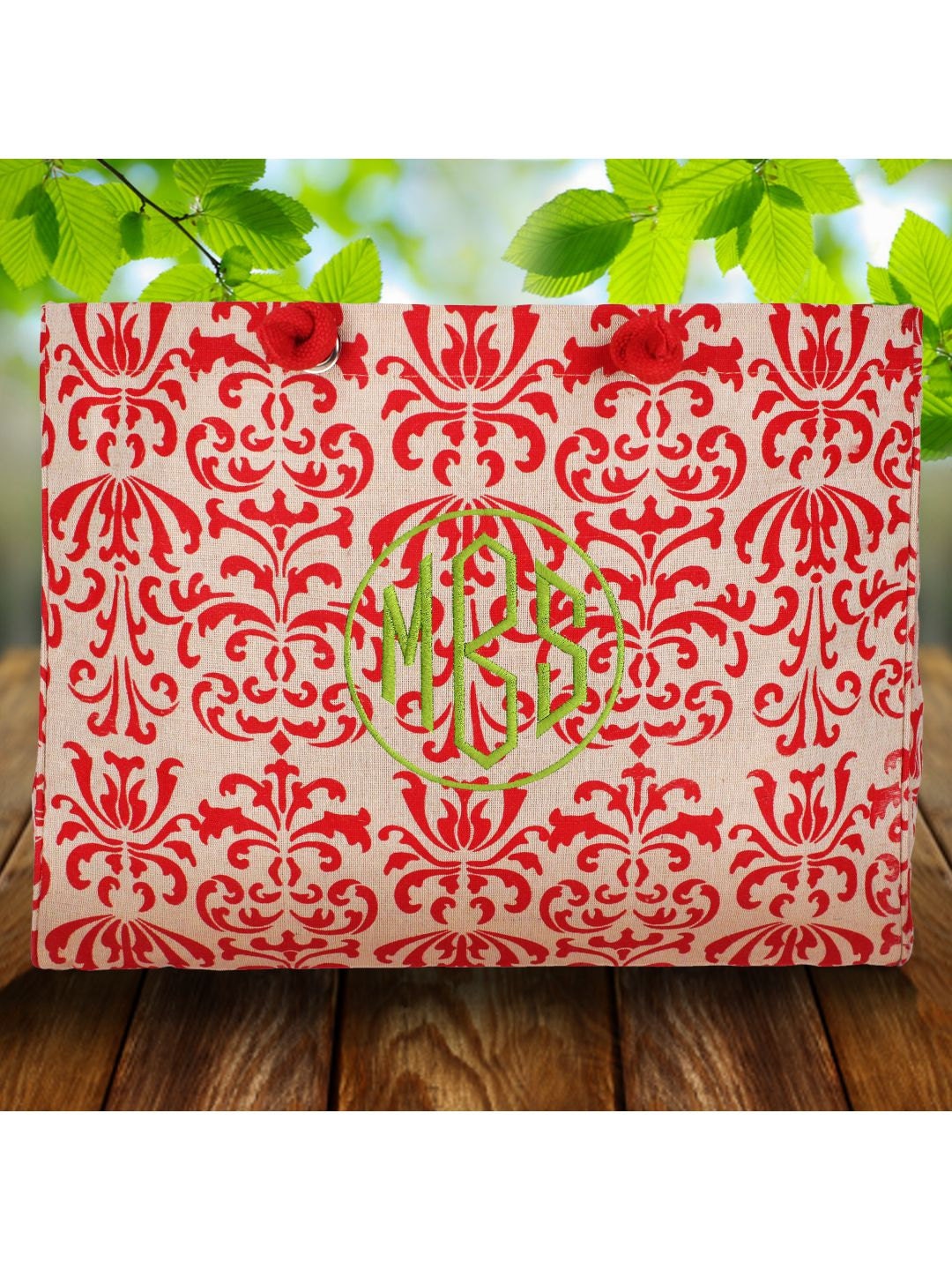 Juco Jute Red and Tan HighlanderTote Bag Purse  Personalized Beach Shopper Circle Monogogram  graduation wedding bride bridesmaid
