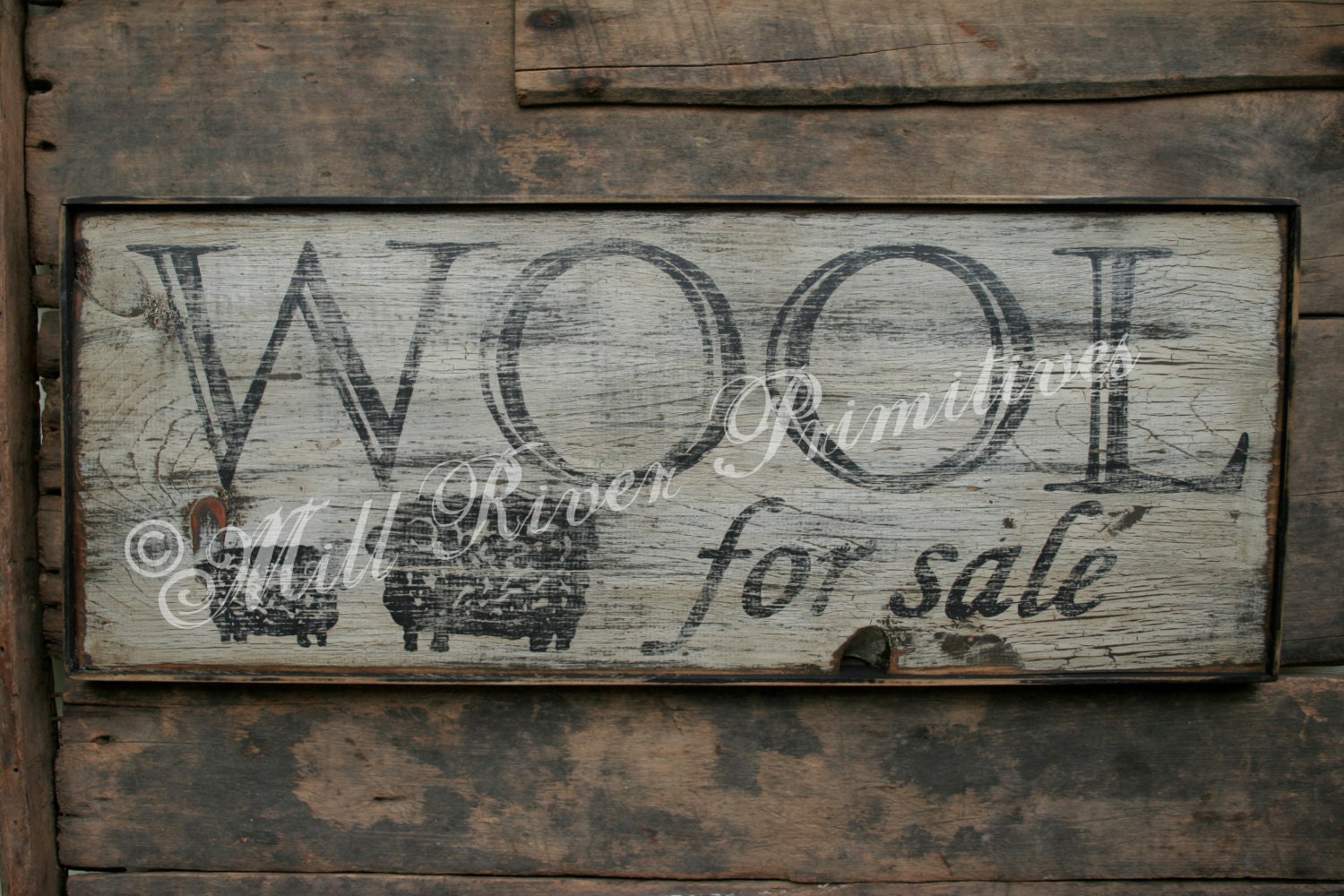 Early Looking Antique Primitive Wool For Sale Wooden Sign