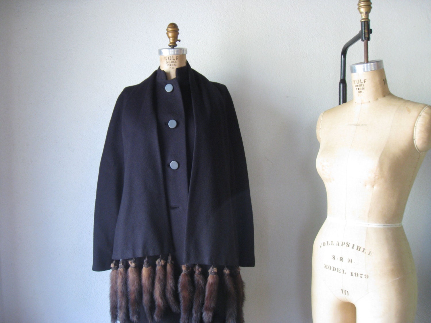 vintage 1940s to 1950s coat / designer ranone black wool attached scarf mink tails tapered sleeves