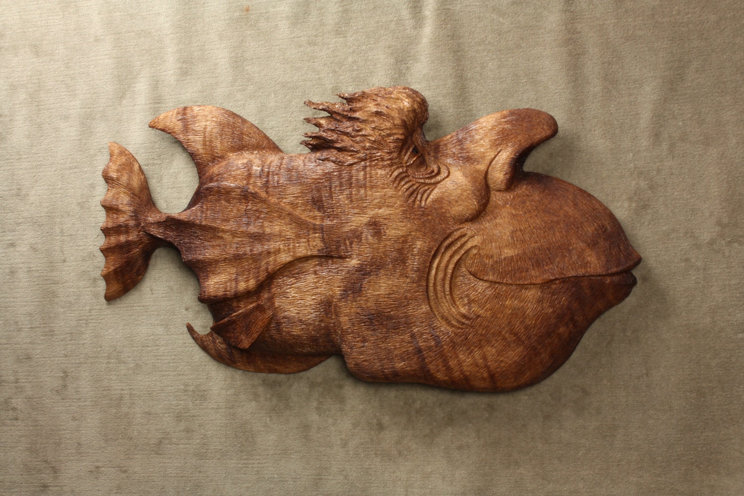 Fish Wood Carving Whimsical Art Fathers Day Gift for Dad, Rustic Log Cabin Wall Hanging Decor by Gary Burns the treewiz, Handmade in Oregon