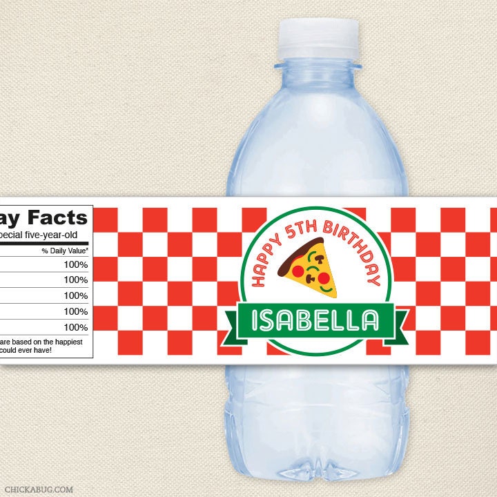 Pizza party - Personalized water bottle labels - Set of 15 - Choose a pizza slice or mustache