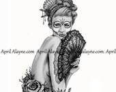 Sugar skull 2- illustration- Skull- Black and white- Print-portrait- woman- fan- lace