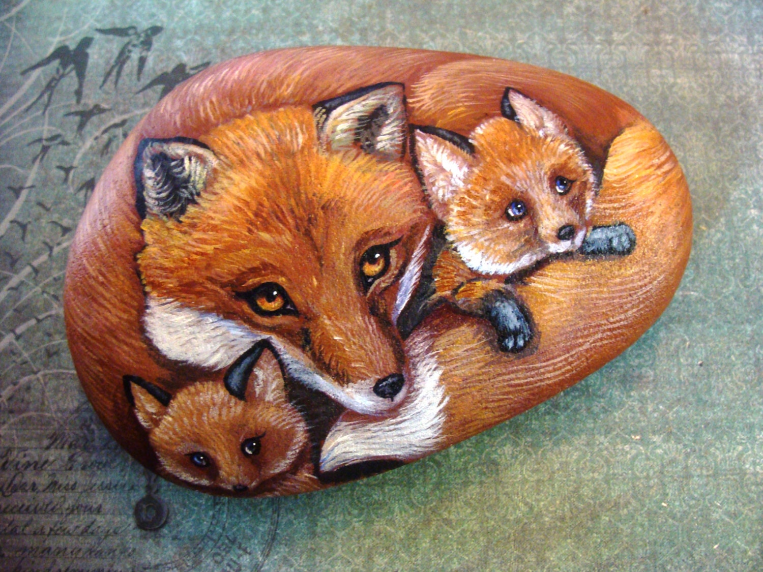 ROCKS-Original Hand Painted Rocks,  Fox Family of Three,  by Shelli Bowler