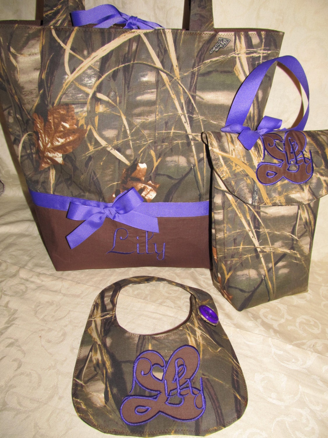 FREE SHIPPING Custom Handmade advantage max 4hd camo camoflauge diaper bag set bib and soft wipes case purple you choose name