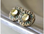 Yellow lace verdigris earrings, Bohemian Green Gold gemstone earrings, fine silver patina, limpet, sea creature jewelry, Patellidae