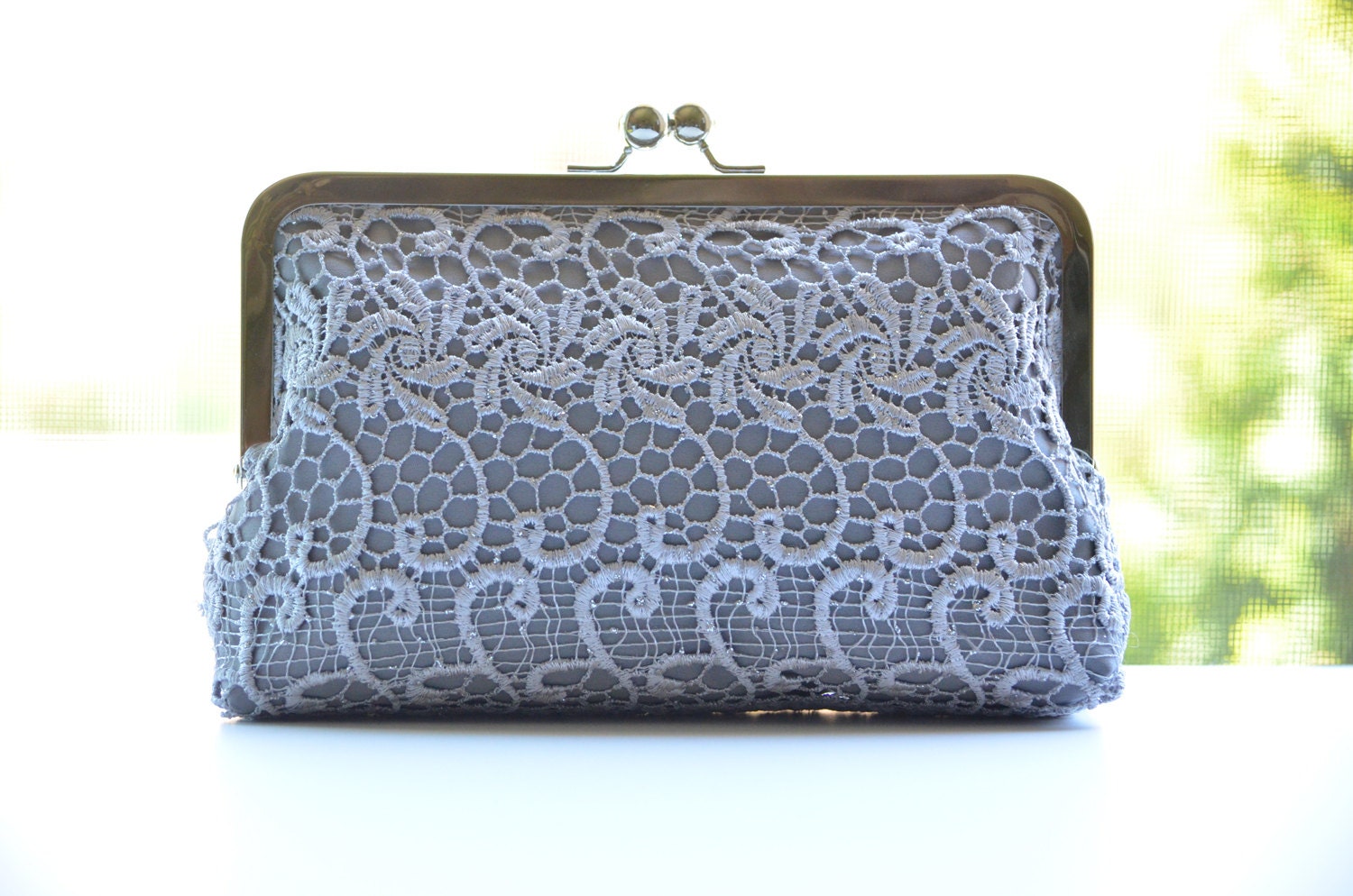 Lace - Silver on Grey - Bridal Bridesmaid Wedding Clutch Bag Purse Gift Ideas Handmade by Lolis Creations
