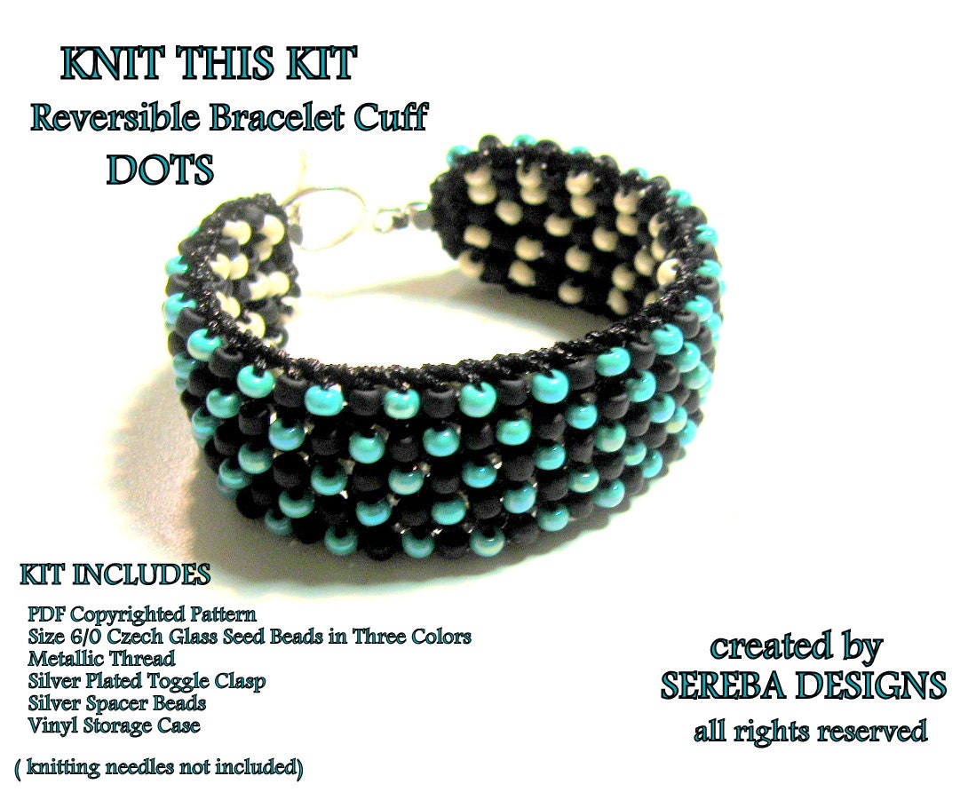 Beaded Bracelet Knitting Pattern Kit,  "KNIT This  KIT", DOTS  by Sereba Designs on Etsy, Wearable Fiber Art, Reversible