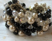 Elegant Champagne, Black Pearl Crystal  Bridal Cuff Bracelet, CLASSIC  Hand Knit Unique Design Artisan Style, Sereba Designs