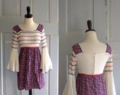 SALE Vintage 1970s Dress 70s Hippie Smocked Mini Dress Avant Garde Sleeves Size Extra Small to Small