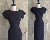 SALE Vintage 1950s Dress Black Eyelet 50s Fitted Wiggle Cotton Dress Womens Size Small