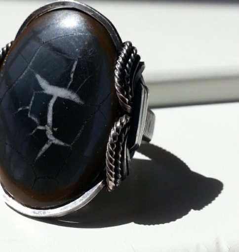 Dragon Egg Ring, Septarian Nodule Stone, Natural Black Stone, Oxidized Sterling Silver, Big Black Ring, Septarian Gronate, Wire Ring