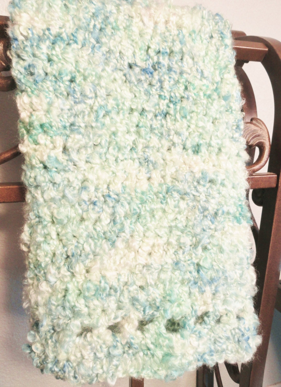 Hand Crocheted Baby Blanket Light Blue Green Fluffy 34 x 36  Afghan by Distinctly Daisy
