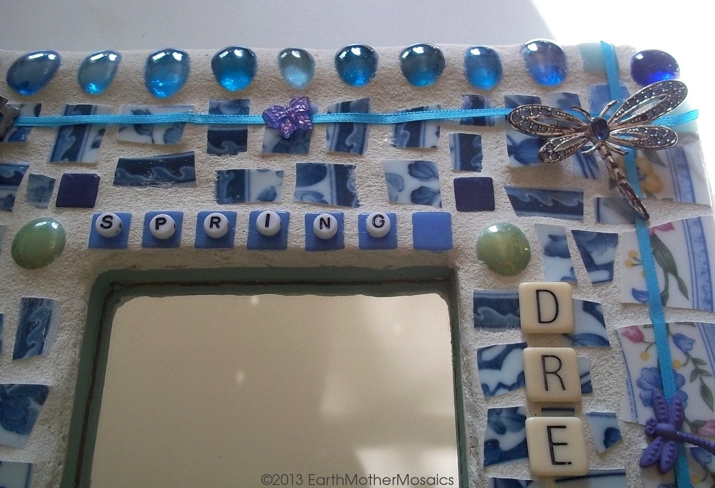 Mosaic Frame: Pique Assiette, Frame with Mirror, Wall Hanging, Blue, White, Cottage Chic