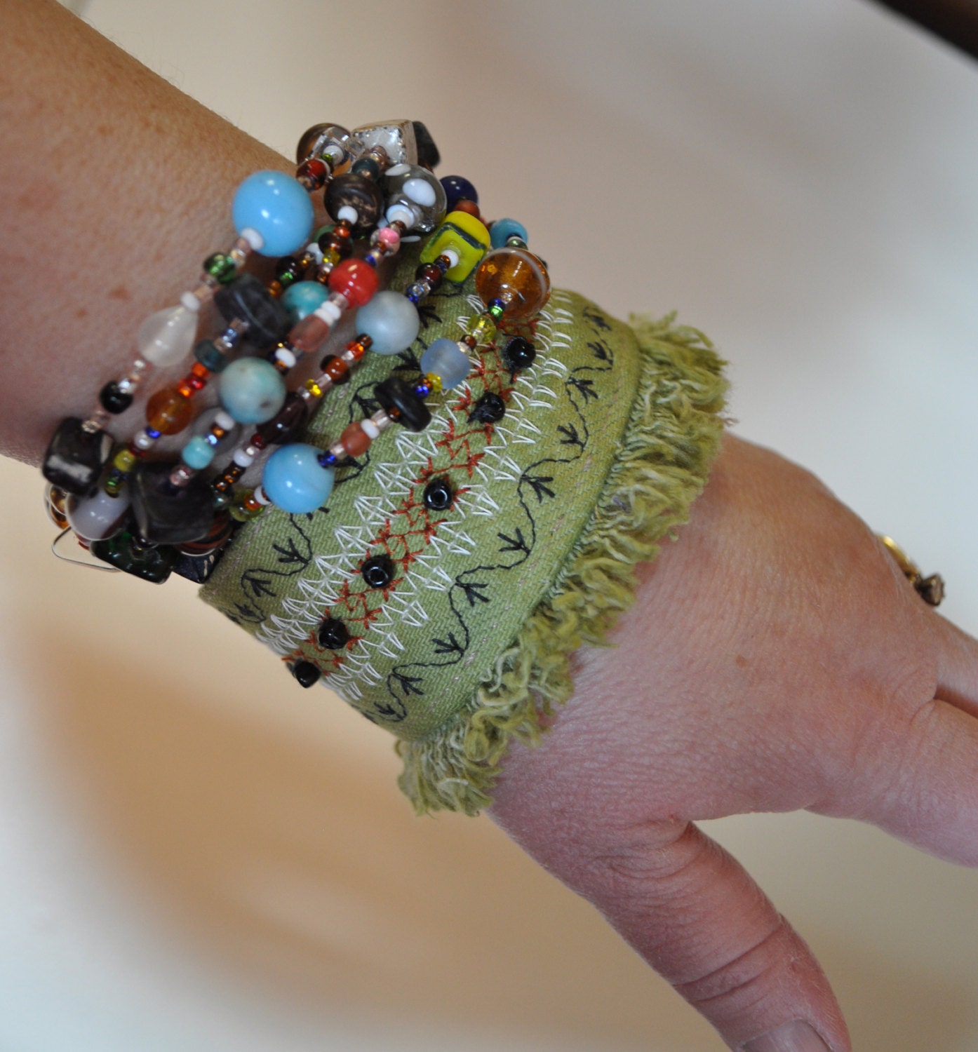 Dyed Denim CUFF - Fringed Green Dyed Denim Beaded Stitched Distressed Boho Grunge Denim Jacket Cuff