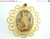 On Sale 25% Off Vintage Guardian Angel Brooch with Amethyst Rhinestone - Christian Catholic Birthstone Jewelry - RR44