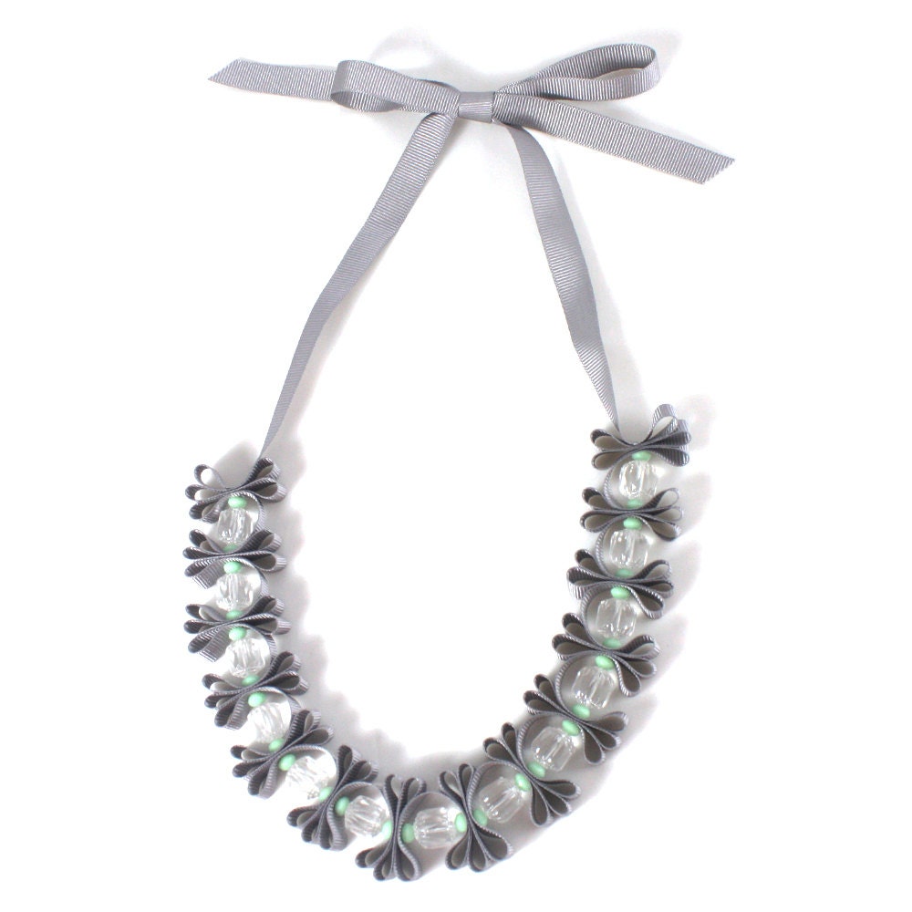 Grey and Mint Green Petite Pleated Statement Ribbon and Crystal Necklace