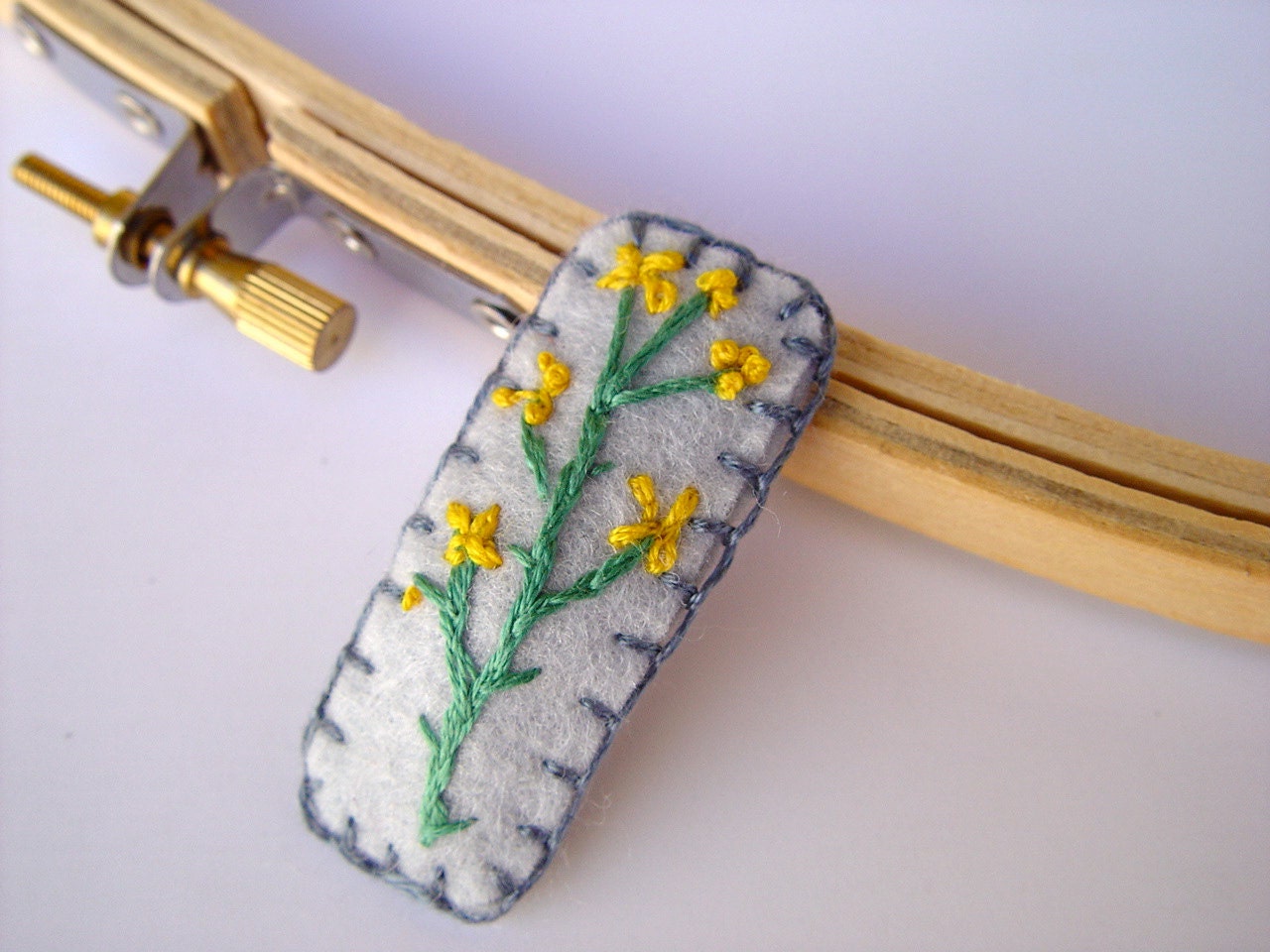 Tumbleweed Kids eco friendly embroidered wool felt hair clip, Wild mustard