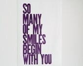 Poster, Grape Baby Nursery, So Many of My Smiles Begin with You Letterpress Print, 11 x 17 Typography